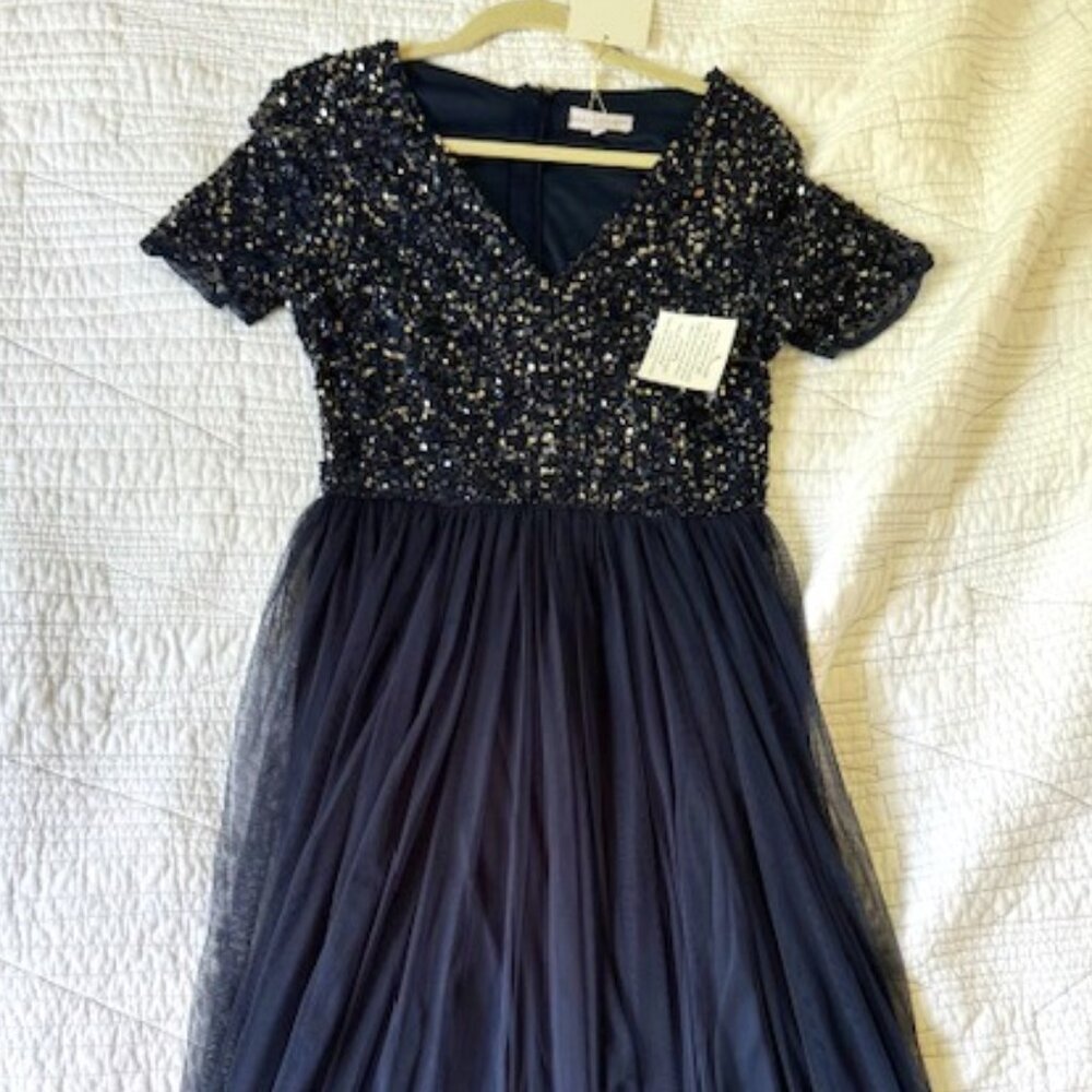 Women's Maya Deluxe Navy Sequin and Tule Evening Gown, Size 10